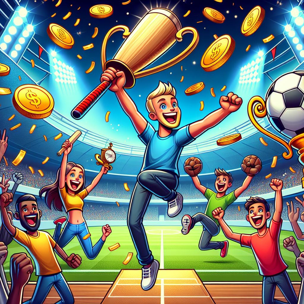 666bat sports betting characters celebrating with sports equipment and coins
